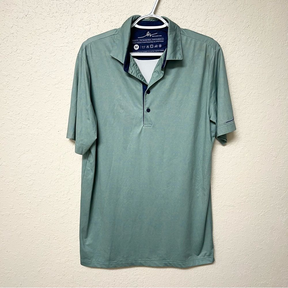 Boston Scott Polo Shirt Mens Green Skull Print Golf Performance UPF Stretch Sz M